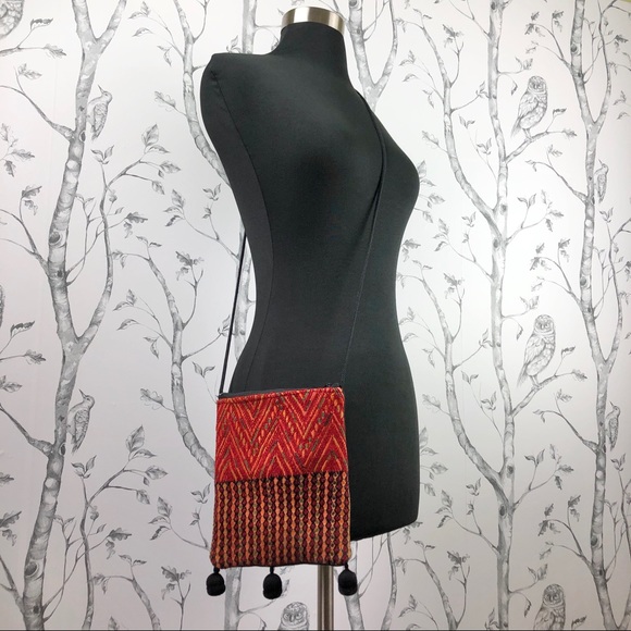 Woven boho crossbody tapestry bag rust orange red - Picture 2 of 8